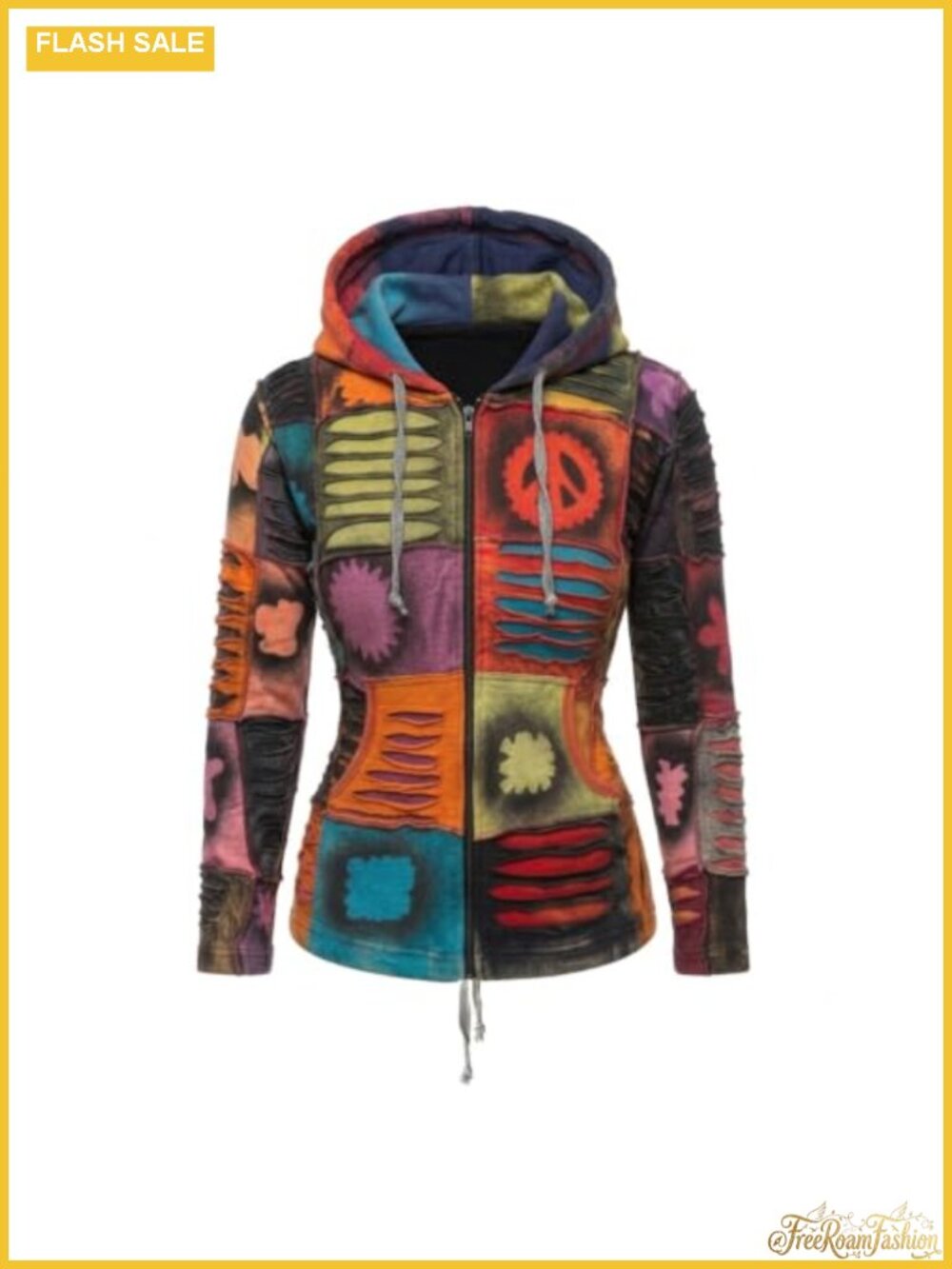 Women's 100% Cotton Slashed Patchwork Hippie Pixie Hoodie Zip Jacket
